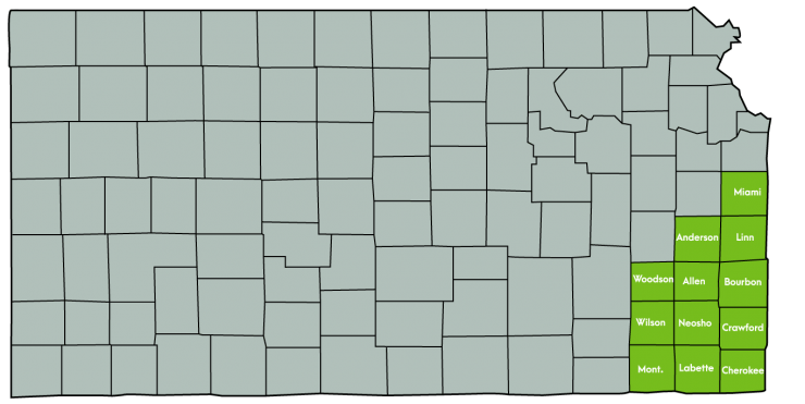 Mid-America, Inc. Kansas Map Featuring the following counties: Allen, Anderson, Bourbon, Cherokee, Crawford, Labette, Linn, Miami, Montgomery, Neosho, Wilson, Woodson