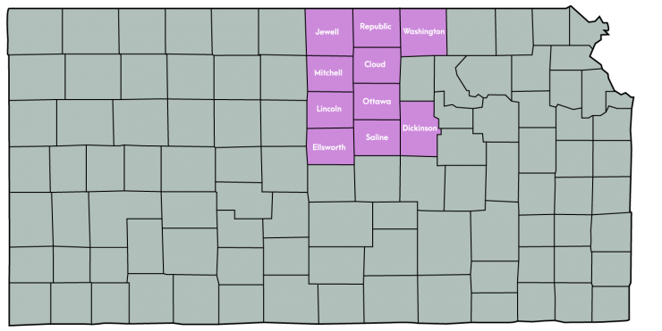 NCK Community Network, Co. Kansas Map Featuring the following counties: Cloud, Dickinson, Ellsworth, Jewell, Lincoln, Mitchell, Ottawa, Republic, Saline & Washington