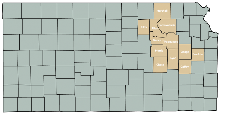 Frontier Financial Partners, Inc. Kansas Map Featuring the following counties: Chase, Clay, Coffey, Franklin, Geary, Leavenworth, Lyon, Marshall, Morris, Osage, Pottawatomie, Riley, Wabaunsee, Wyandotte