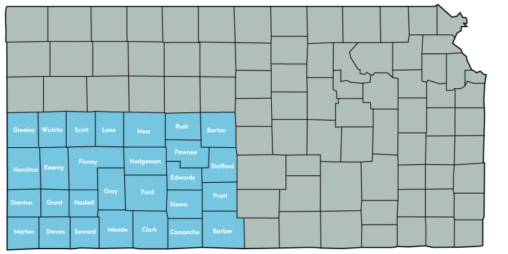 Great Plains Development, Inc. Kansas Map Featuring the following counties: Barber, Barton, Clark, Comanche, Edwards, Finney, Ford, Grant, Gray, Greeley, Hamilton, Haskell, Hodgeman, Kearny, Kiowa, Lane, Meade, Morton, Ness, Pawnee, Pratt, Rush, Scott, Seward, Stafford, Stanton, Steven